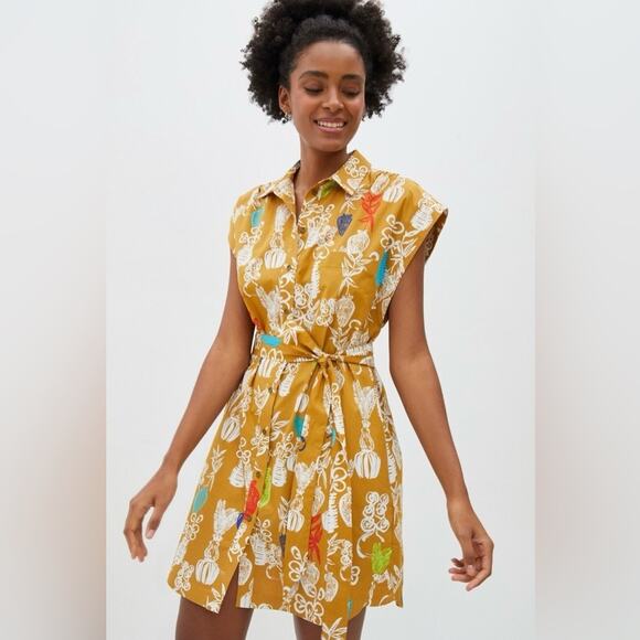 ANTHROPOLOGIE MAEVE TONIGHT TUNIC DRESS MUSTARD COTTON FLORAL BELTED XS - Picture 1 of 10
